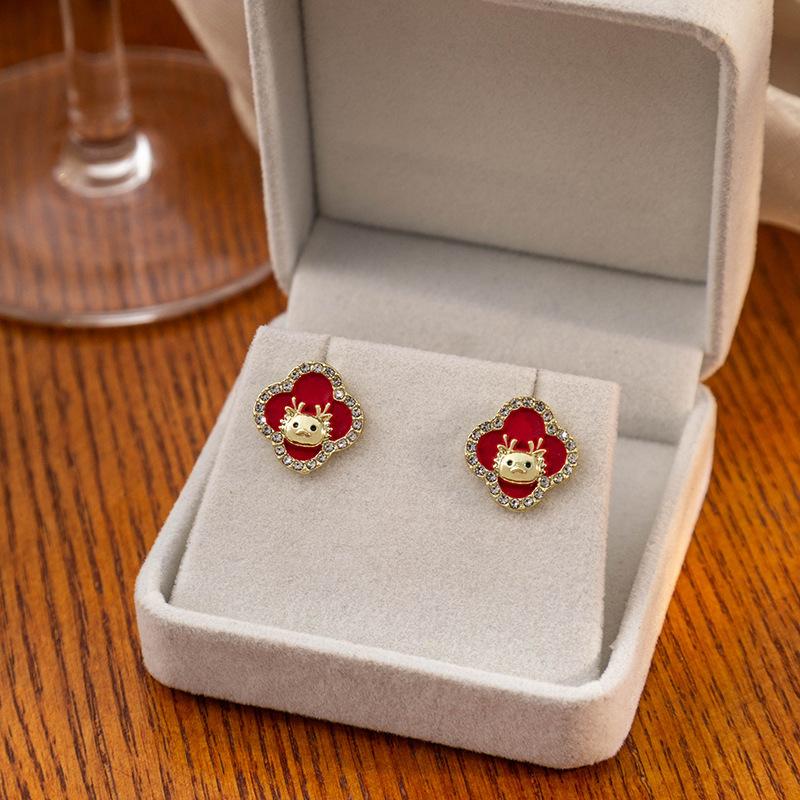 Year Of The Dragon Festive Chinese Style Diamond-Set Natal Year Earrings, Guochao Red New Year'S Blessing High-End Ear Buckles
