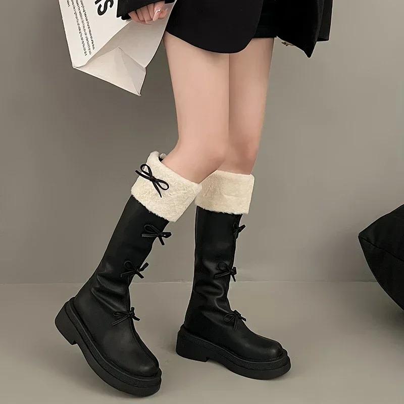Sweet Butterfly Knot Woman's Boots  New Korean Style Fashion Brown High Boots Plush Thickened Winter Ladies Knee-High Boots