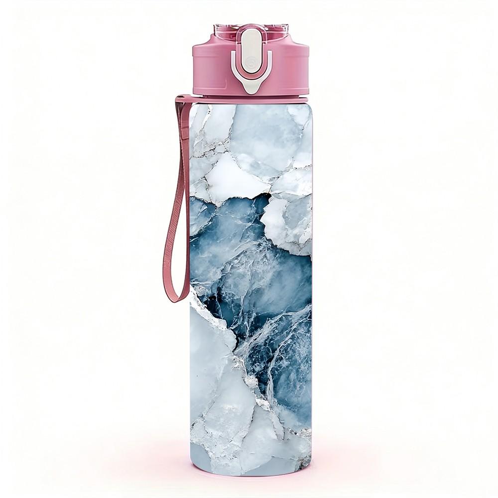 1PC Light Grey Blue Cracked Marble Texture Print 750ml Color Plastic Sports Water Bottle Leakproof Flip Straw Lid Suitable for Sports Office Home Use
