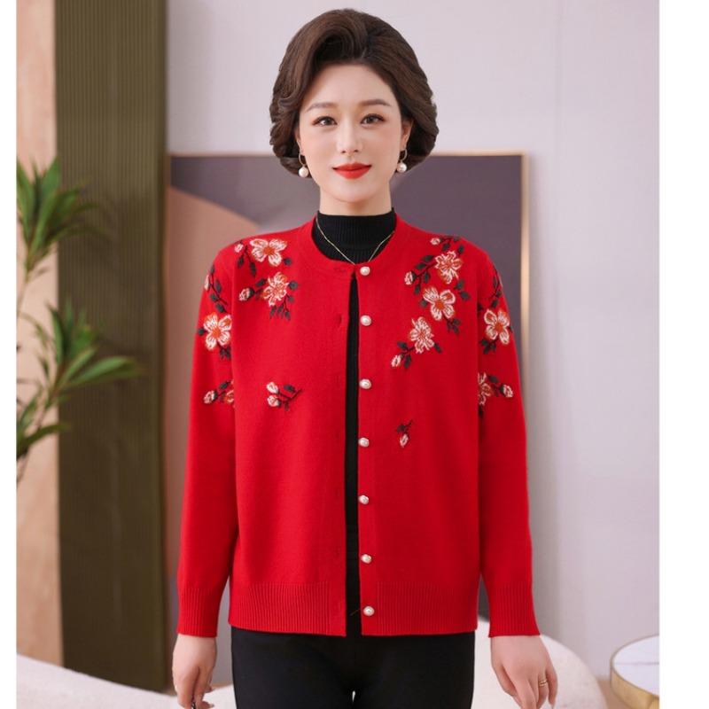 New middle-aged and old fashion loose top mother-in-law jacket spring and autumn mother crew neck embroidered knitted sweater jacket