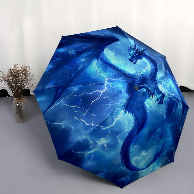 1pc Blue Dragon Lightning Pattern Automatic 3-Fold Umbrella, 8 Iron Frames, High-Value Folding Umbrella, Suitable for Office, Travel and Outdoor Adven