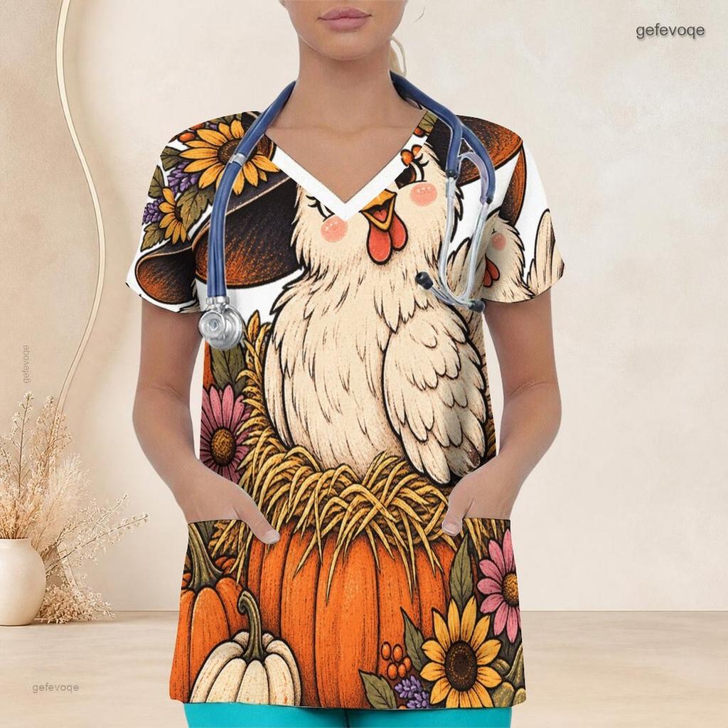 Women Plus Size Halloween Ghost Pumpkin Printed Scrub Top V Neck Short Sleeve With Front Pockets