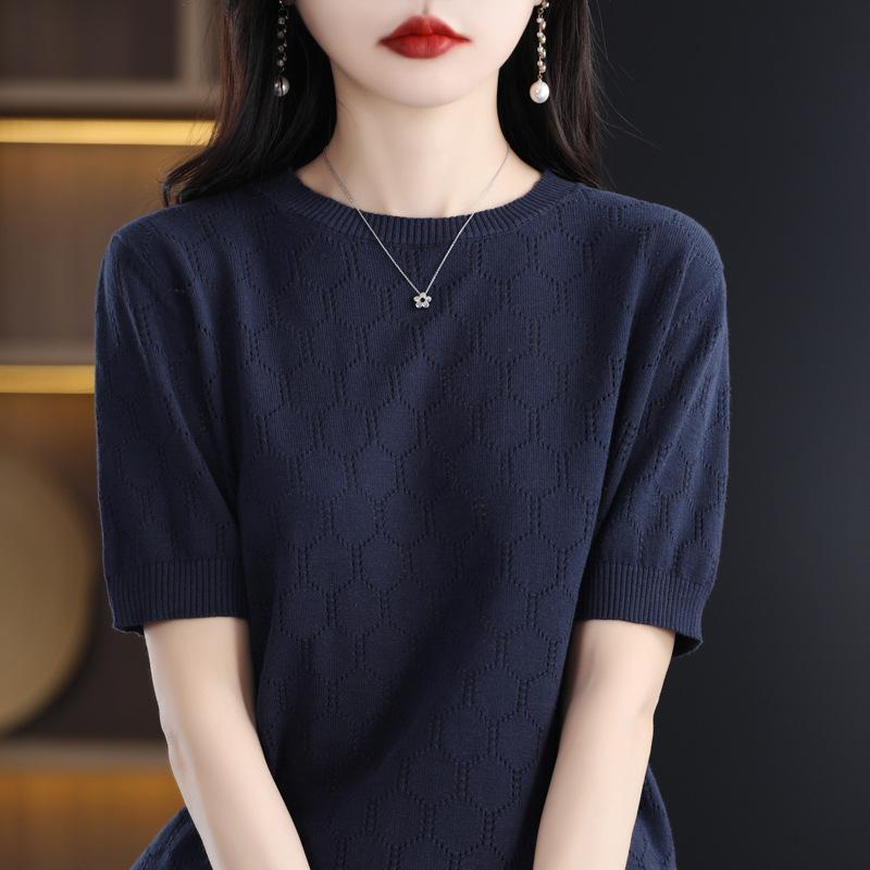 

Летняя новая футболка с коротким рукавом, вязаная ажурным узором, с круглым вырезом, однотонная, свободного кроя, тонкий ажурный жилет, топ с рукавом до локтя XXL темно-синий