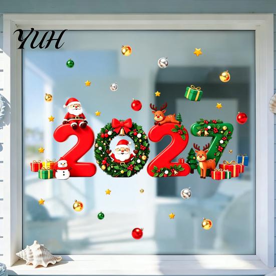 Santa Claus Reindeer Stickers 2027 Christmas New Year Window Clings, Gift Ball Static Holiday Party Decorations Decals, PVC Removable Glass