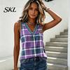 Soft Fabric Vest Summer for Women, V-Neck Sleeveless Tank Tops, Plaid Print Loose Fit Shoulder Strap Reinforced Casual Camisole with Collar Hem, Slim