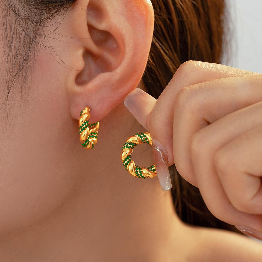 Wind New Inlaid White, Green and Black Diamonds Twisted Shape Earrings Temperament Personalized Design Titanium Steel Plated 18k Real Gold Women