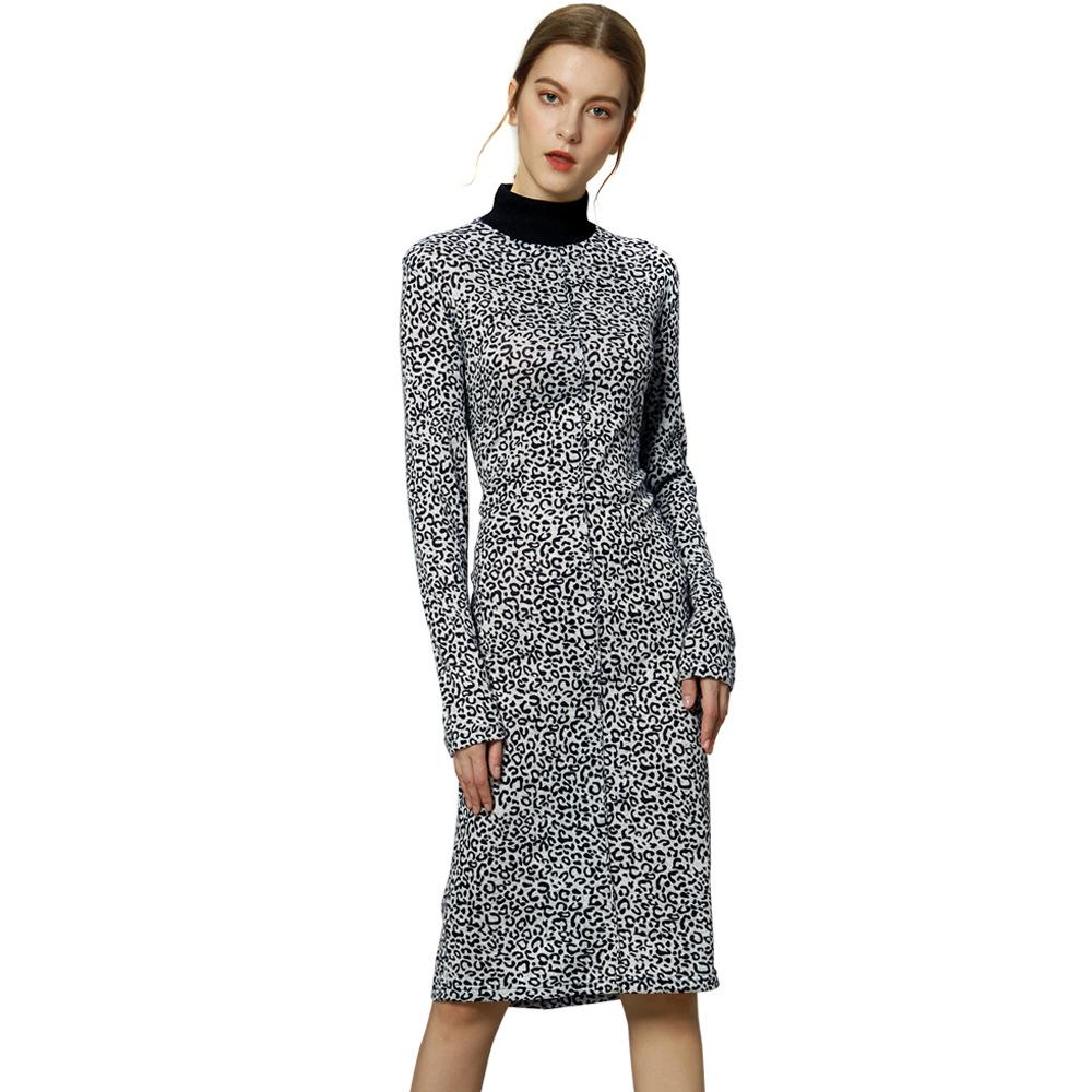 

Повседневное платье миди с леопардовым принтом, высоким воротом и длинным рукавом для весны и осени Large