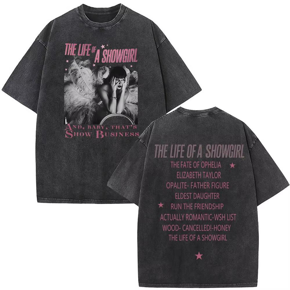 The Life of A Showgirl Album Merch Tshirts Fan Gifts Mens Women Clothing Vintage Washed Cotton Oversized Short Sleeve T Shirts