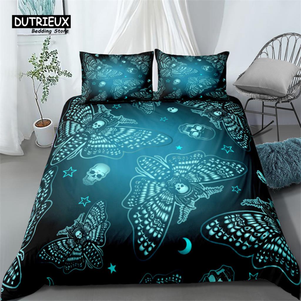Gothic Skull Bedding Set Death Moth Flowers Print Duvet Cover Skeleton Bones Butterfly Pillowcases