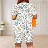 Women Plus Size Blue Rose Floral Printed Round Neck Short Sleeve Two Piece Fitted Shorts Set