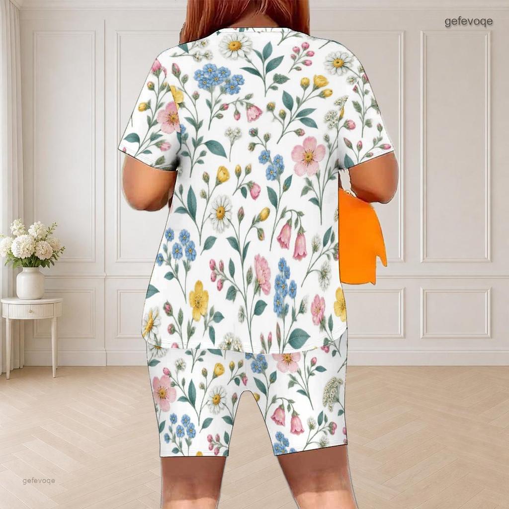 Women Plus Size Blue Rose Floral Printed Round Neck Short Sleeve Two Piece Fitted Shorts Set