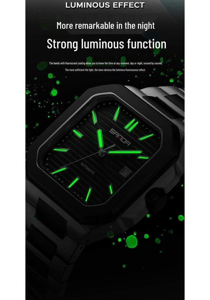 Sanda Herren Quadratische Mechanische Uhr, Schlichtes Design, Kalender, Wasserdicht, Massives Stahlarmband, Business-Stil