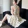 New French Style Elegant Women's Polka Dot Halter Neck Mini Dress with Back Bow Tie Sleeveless A Line Waist Casual Summer Party Summer Short Dress