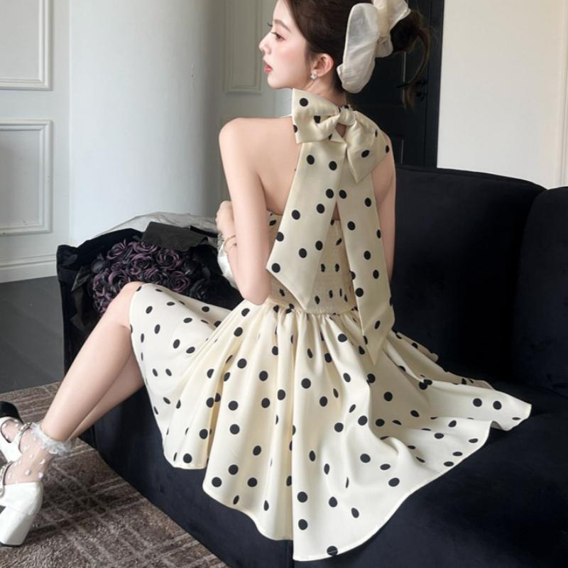 New French Style Elegant Women's Polka Dot Halter Neck Mini Dress with Back Bow Tie Sleeveless A Line Waist Casual Summer Party Summer Short Dress