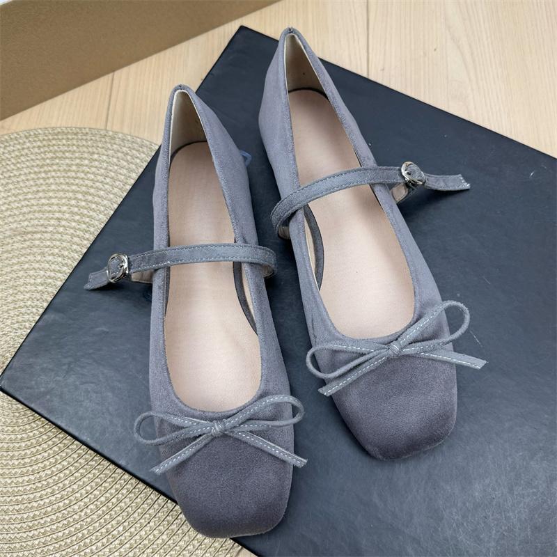 Fashion Flat Shoes for Women Suede Square Toe 2025 Spring and Autumn New Bow Flat Bottom Mary Jane Shoes Plus Size Women's Shoes 43 44