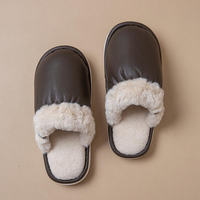 Women's & Men's Waterproof PU Leather Fur Slippers: Non-Slip, Warm, Indoor Cotton with Soft Sole for Autumn & Winter