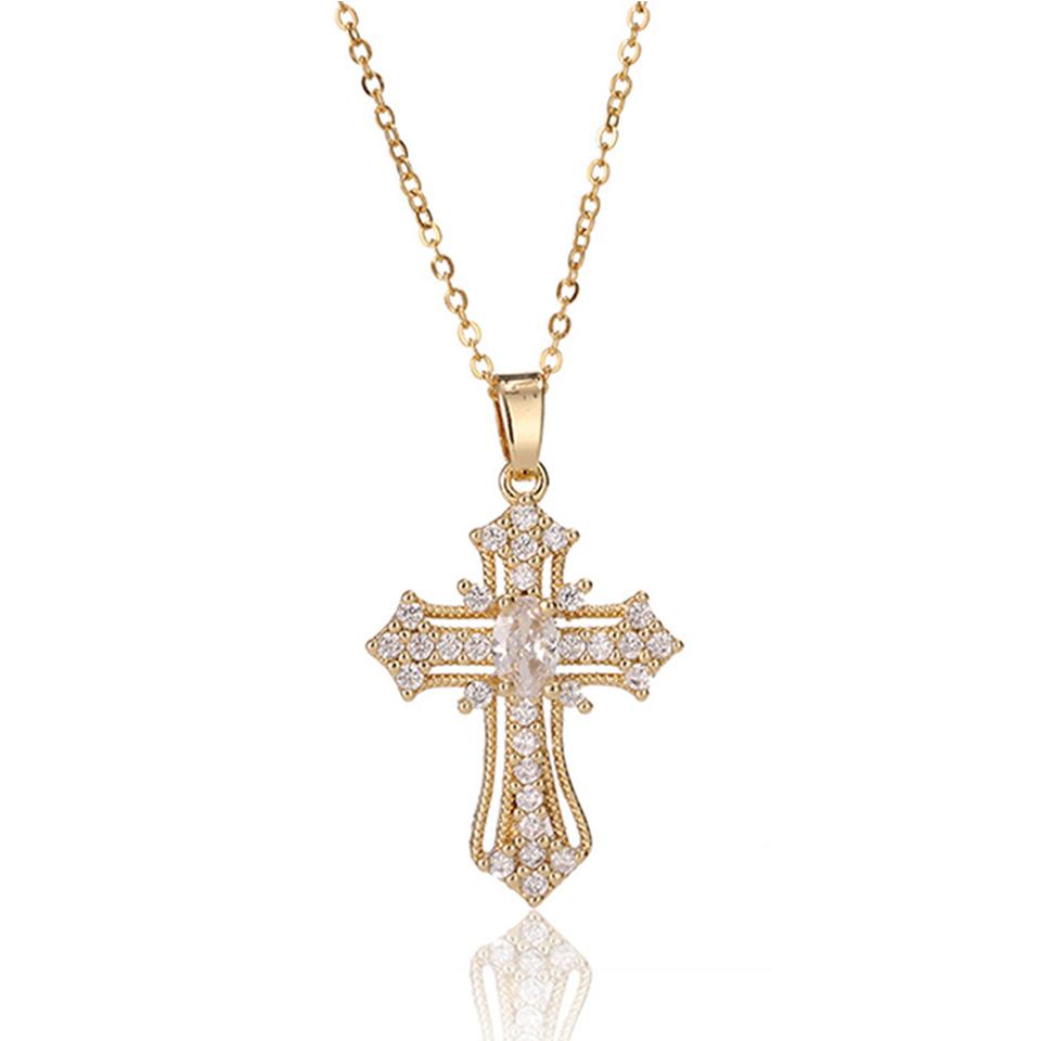 ZAKOL Retro Punk Shiny Zircon Cross Pendant Necklace for Women Men Personalized Fashion Clavicle Chain Couple Neck Zircon