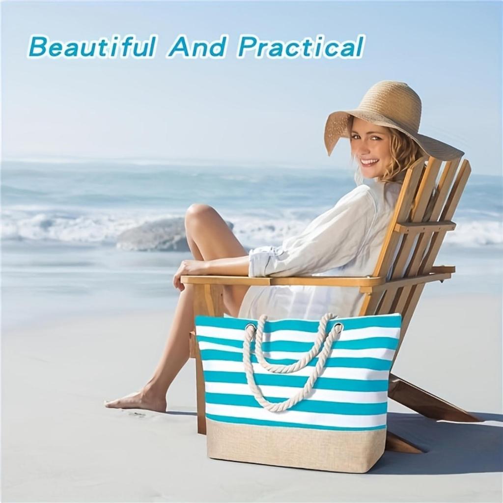 Casual Striped Canvas Bag For Women Large Capacity Shoulder Bag Shopping Totes Student Bookbag for School Travel Beach
