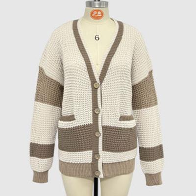 Autumn and Winter Women's Knitted Jacket V-neck Large Size Pocket Colorblocking Cardigan Sweater