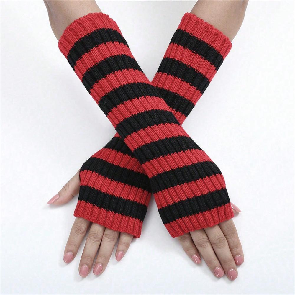 A Pair Women's Fashionable Striped Fingerless Mittens Girls Long Knit Gloves for Warmth Winter Glove