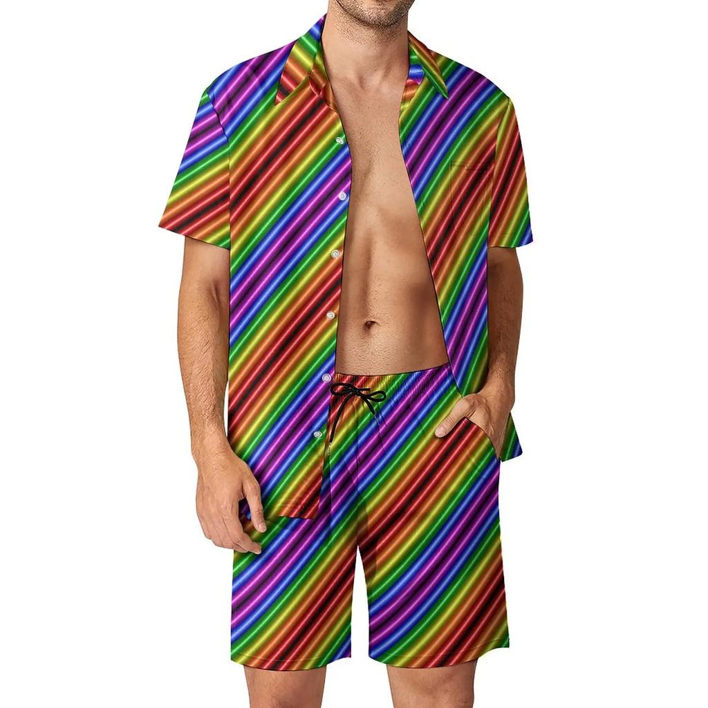 Conjuntos de Camisetas Arcoíris Impresión 3D para Hombre Moda Casual Manga Corta Camisas Pantalones Cortos Oversize Ropa de Calle Hawaiana Trajes Ropa