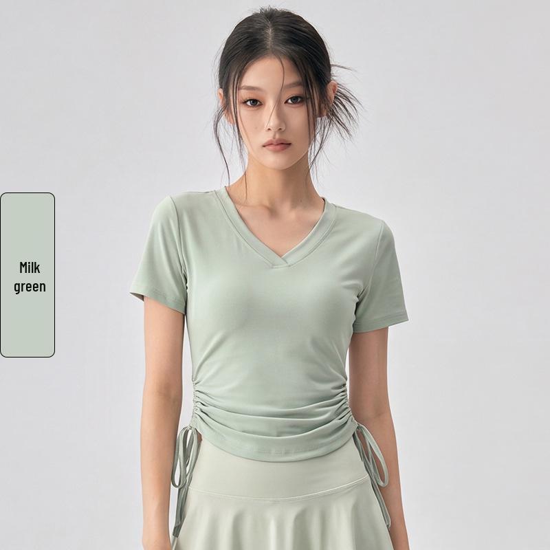 Women's Slim-Fit V-Neck Drawstring Top: Fashionable, Versatile, Soft Texture, Short-Sleeved T-Shirt, Complements All Skin Tones.