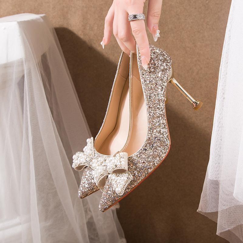 Crystal Shoes Wedding High Heels with Evening Dress Pointed Wedding Shoes Spring and Autumn New Fairy Bridesmaid Bride Shoes