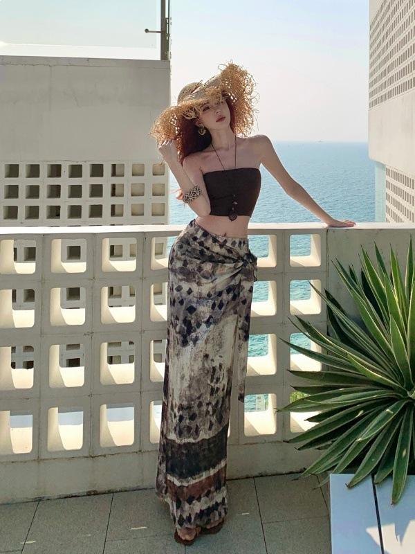 Lazy Vacation Style~ Spice Girl Tube Top Sling Vest Summer Sexy Irregular Half Skirt Two-piece Travel Wear