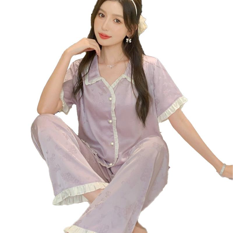 French Purple Jacquard Light Luxury Ice Silk Pajamas Short-Sleeved Trousers Women'S Summer Thin High-End Loungewear