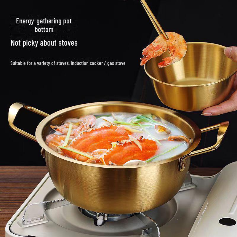 Zlatý korejský ramen hrnec z nerezové oceli s poklicí - dvojité uši, zesílené, ideální na nudle, polévku nebo malé horké hrnce.