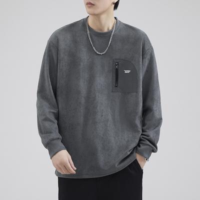 Autumn Suede American Heavy Black Crew Neck Sweater Men'S Loose Plus Size Top Casual Trend