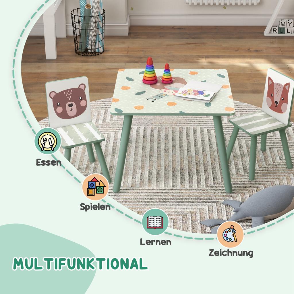 Seating Set for Children 3-8 Years, 1 Table & 2 Chairs, Cute Animal Motif, Green
