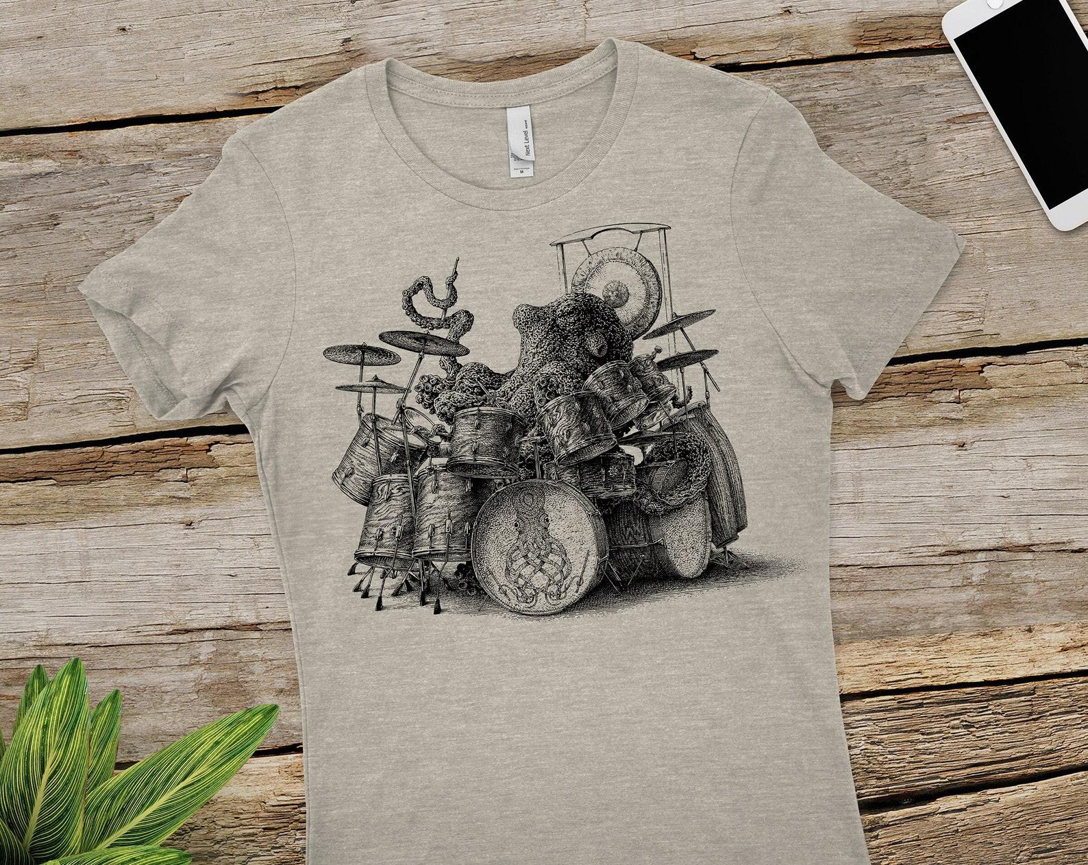 Octopus Drummer Women s T-Shirt: Hand Screen Printed Graphic Tee L