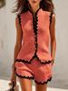 Women Knitted Two Piece Set Sleeveless Wave Edge Button Up Vest High Waist Shorts Summer Casual Suit
