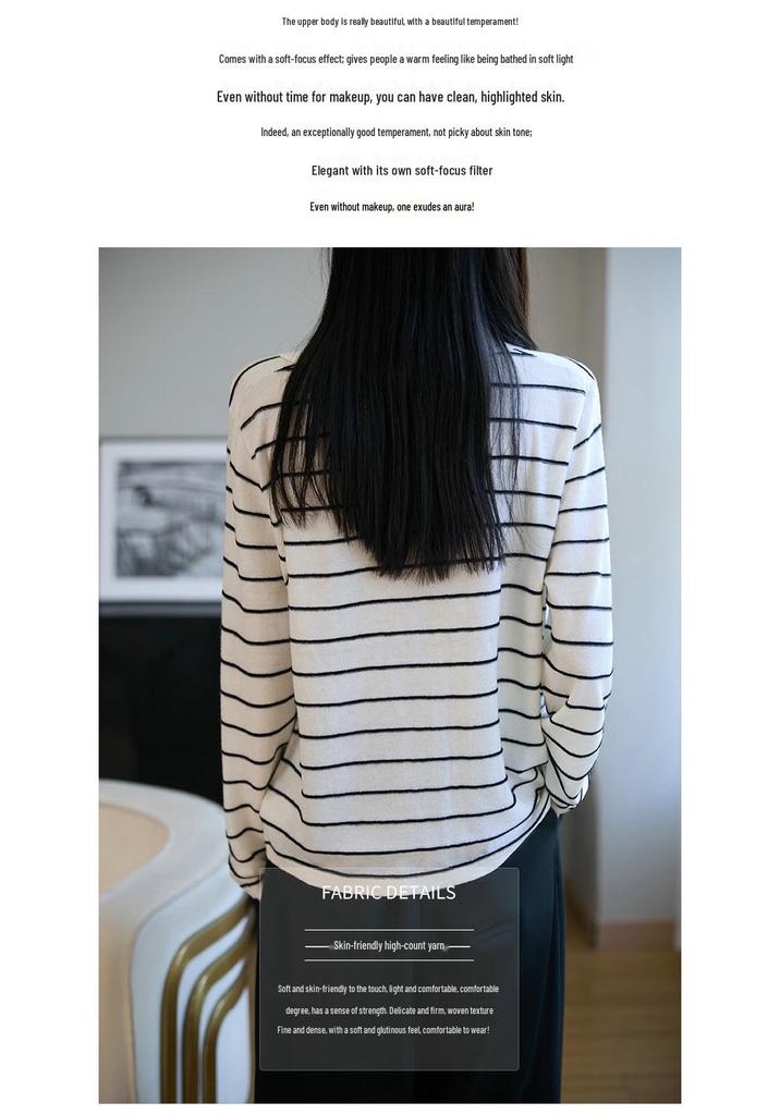 Women's 48s Fine Wool V-Neck Loose Fit Polo Shirt - Black & White Striped Knitwear