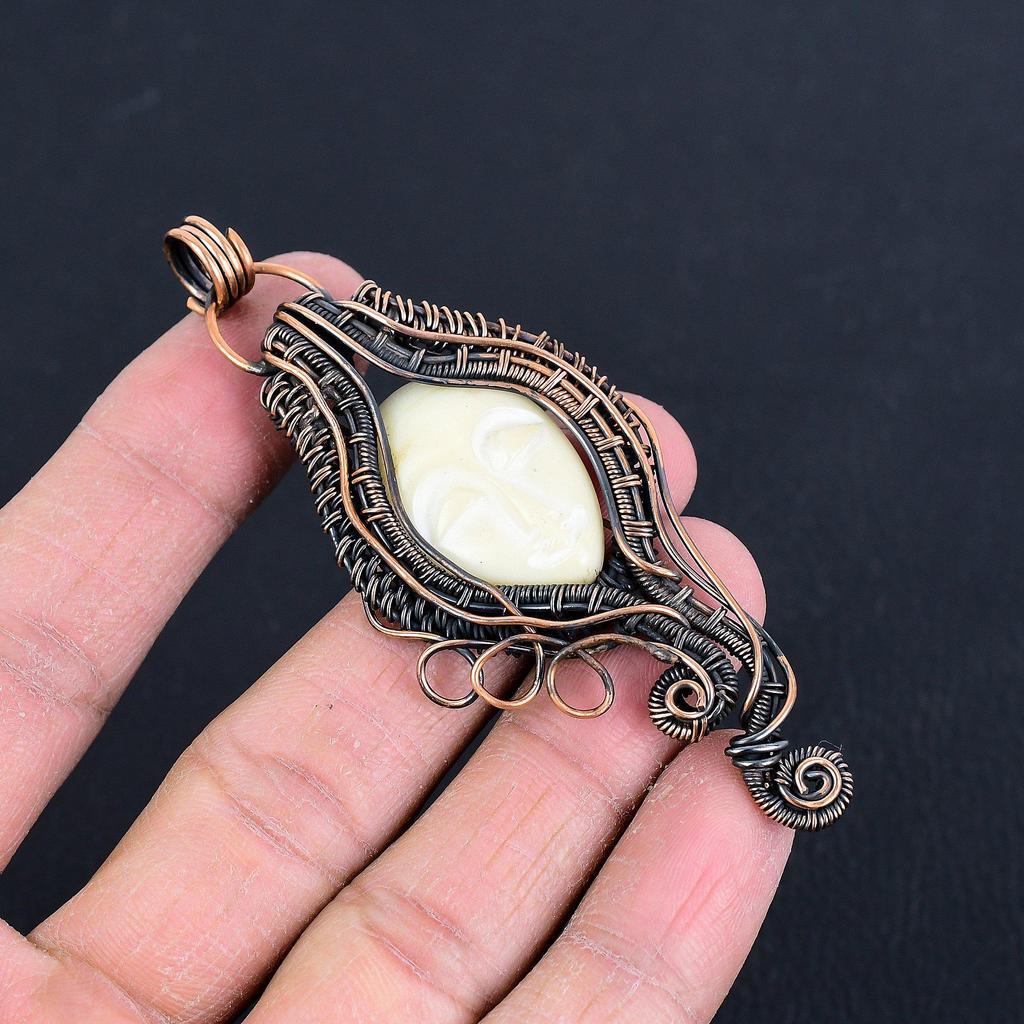 Carved Face 999 Copper Wire Wrapped Pendant, Handmade Gemstone Pendant Jewelry, Gifts For Wife Brand New Pendant