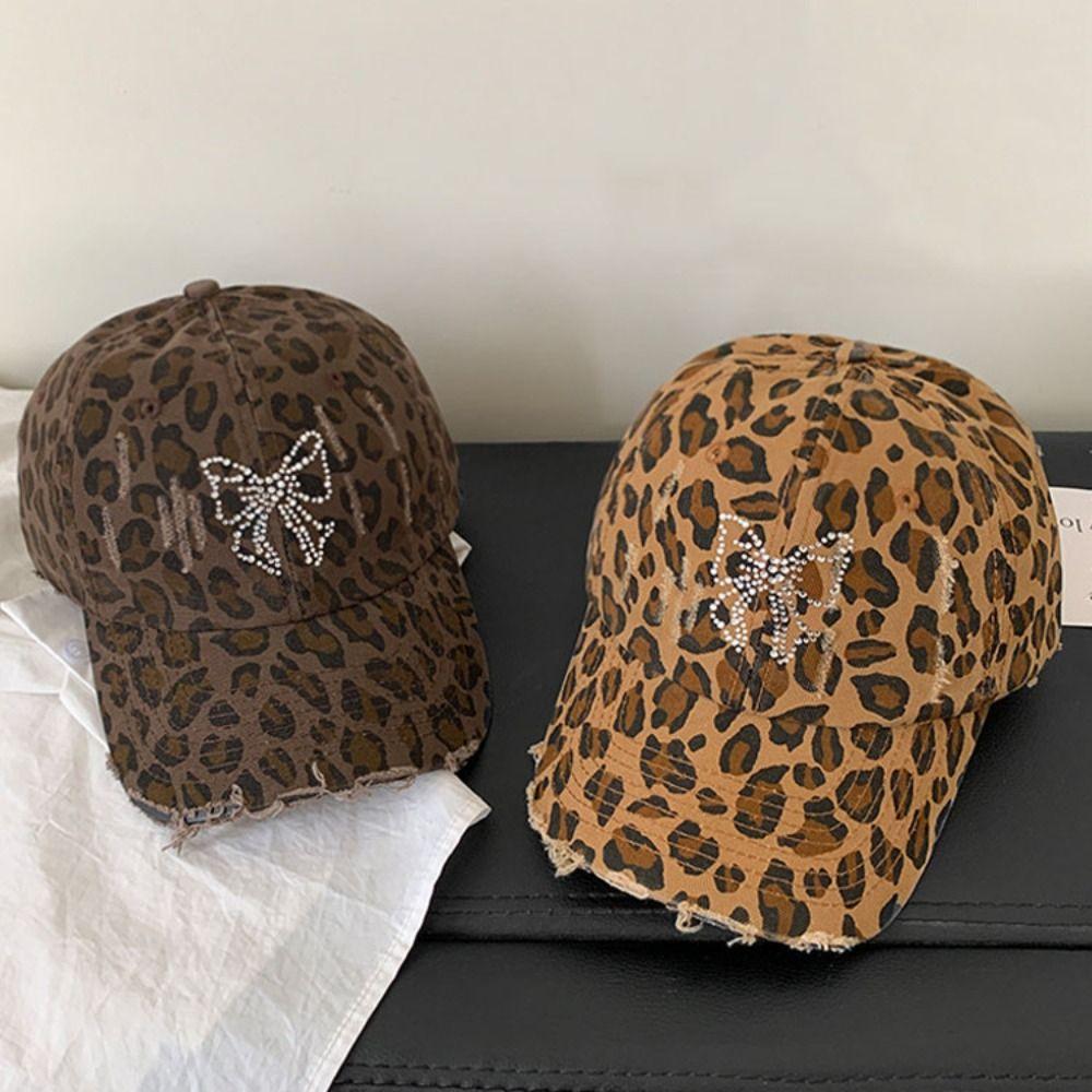 Rhinestone Bowknot Peaked Cap Y2k Sun Hat Soft Leopard Print Baseball Cap  Fishing