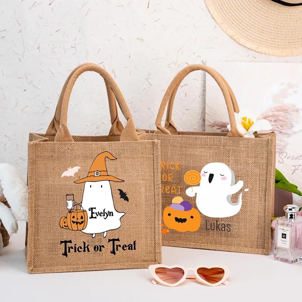 Personalised Trick or Treat Tote Bag Custom Name Halloween Kids Candy Bag Pumpkin Ghost Kids Reusable Bags Halloween Party Decor