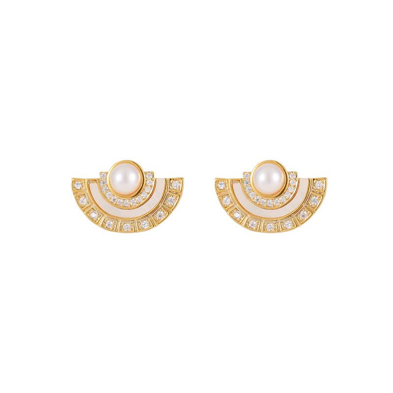 Natural Shell Earrings Women'S Retro Pearls Medieval Vintage Stud Earrings Semi-Round Exaggerated Personality High-End Earrings