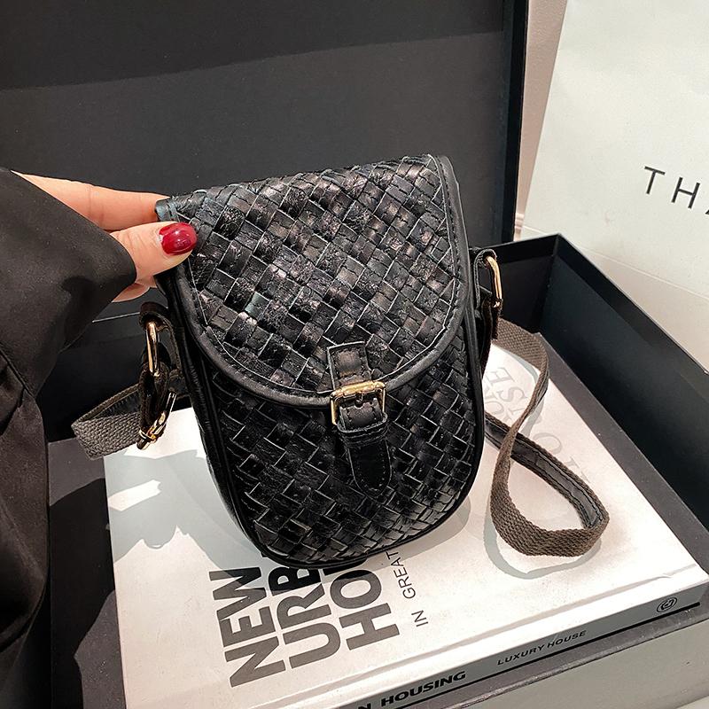 Fashion Leather Cowhide Mobile Phone Bag Color Rhombus Splicing Hand-woven Shoulder Mini Messenger Women's Bag