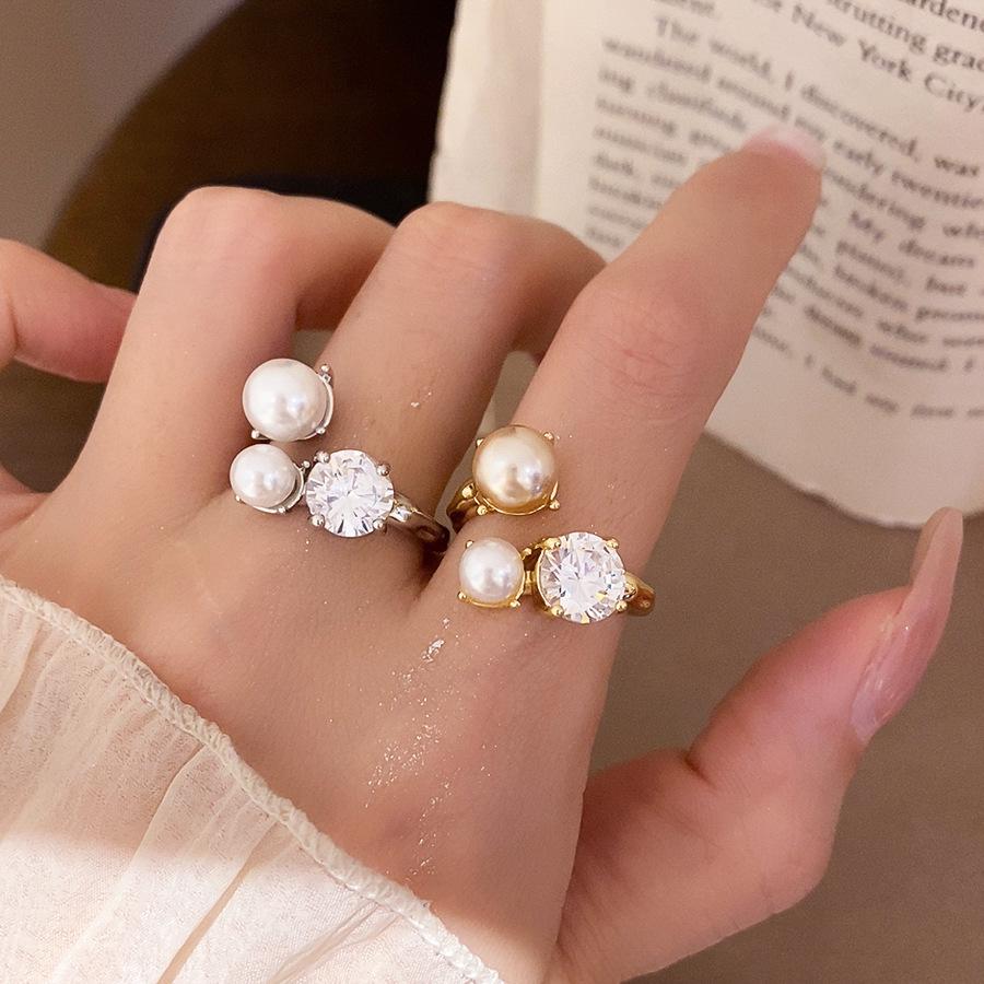 Luxury French Retro Pearl Diamond Zirconium Open Ring - Elegant High-End Index Finger Jewelry for Women