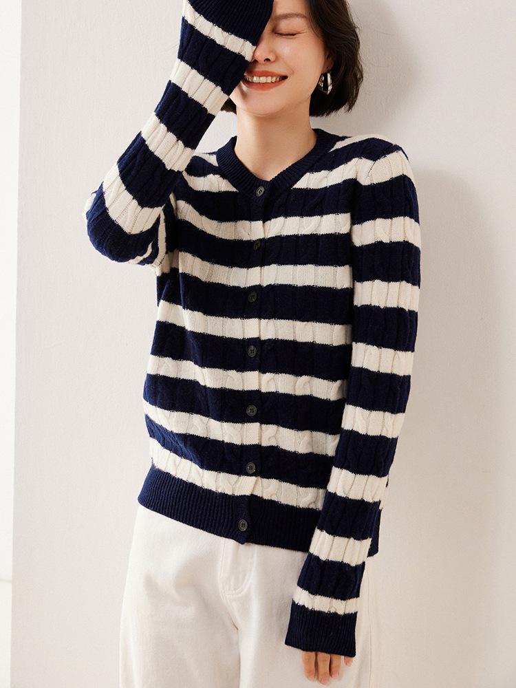 Women's Navy Style Pure Wool Color Block Stripe Cardigan Sweater