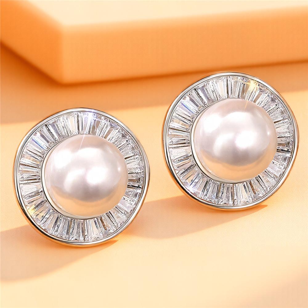 Boucles d'oreilles Puces Zircon Blanc Pierre de Perle Luxe Femme Couleur Or Vintage Cadeau de Fête de Mariage Pour Femmes
