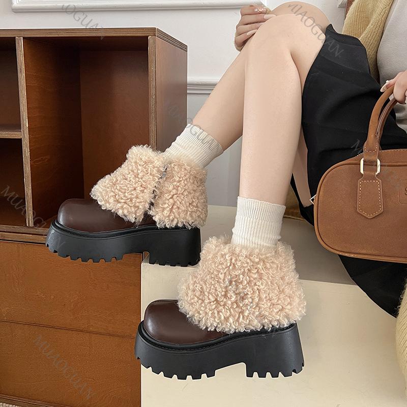 Vintage Style Brown Black Retro Platform Snow Boots for Women 2025 New Winter Plush Lined Chunky Heel Leather Botas Women's Shoe