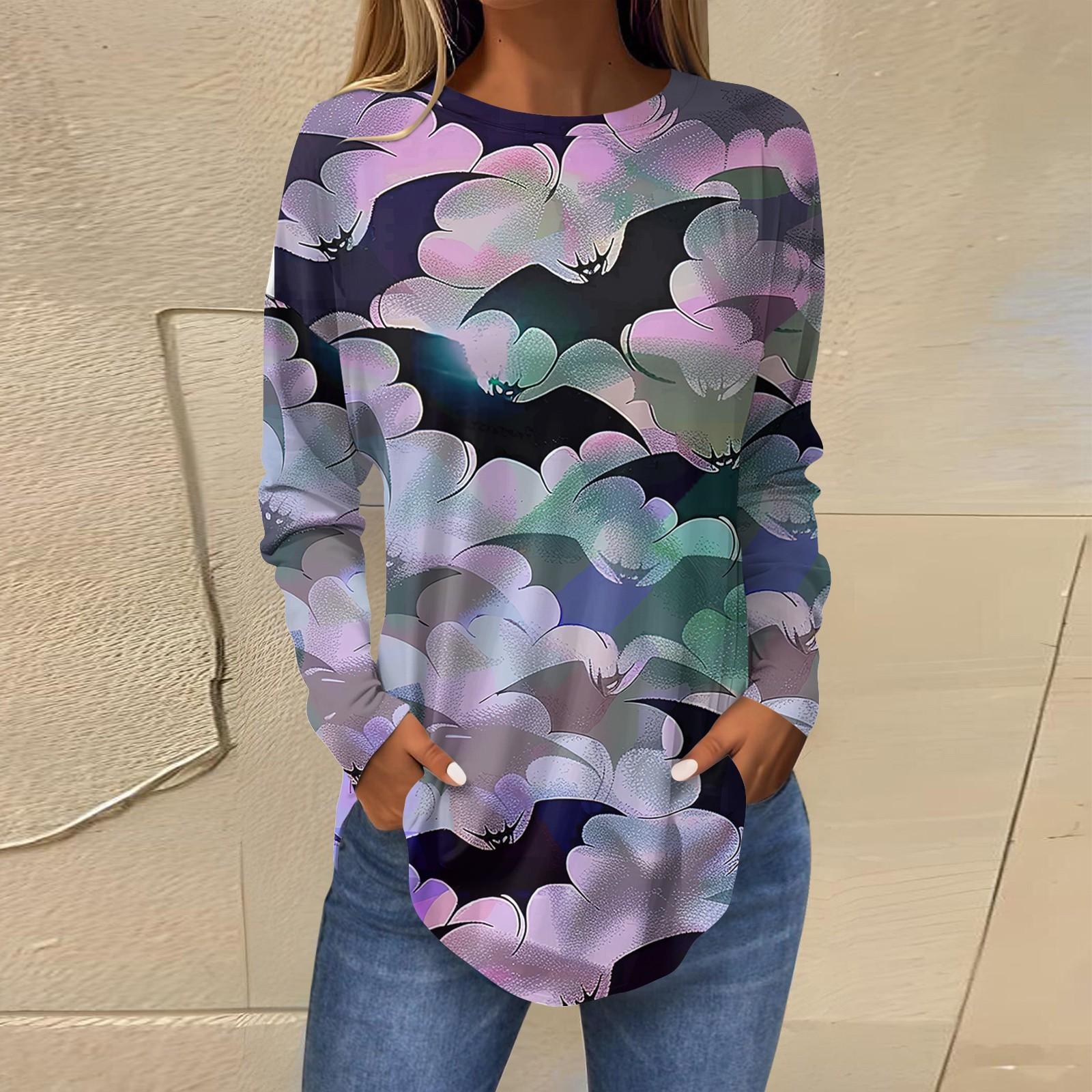 

Женская свободная футболка с длинным рукавом с круглым вырезом и принтом, верхний пуловер XXL