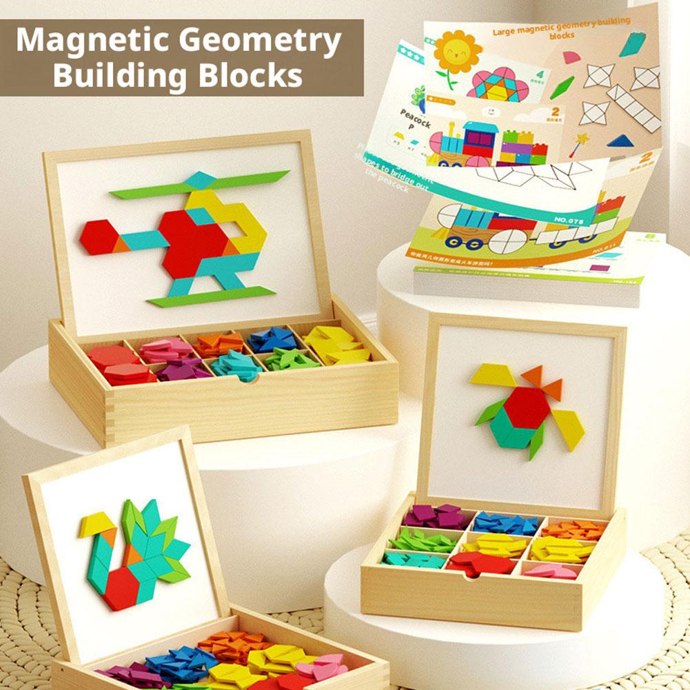 Magnetic Wooden Puzzle Blocks Geometric Shapes Tear Educational Box Safe Off Gift Storage Cards Toy Design Portable Learnin M0W0
