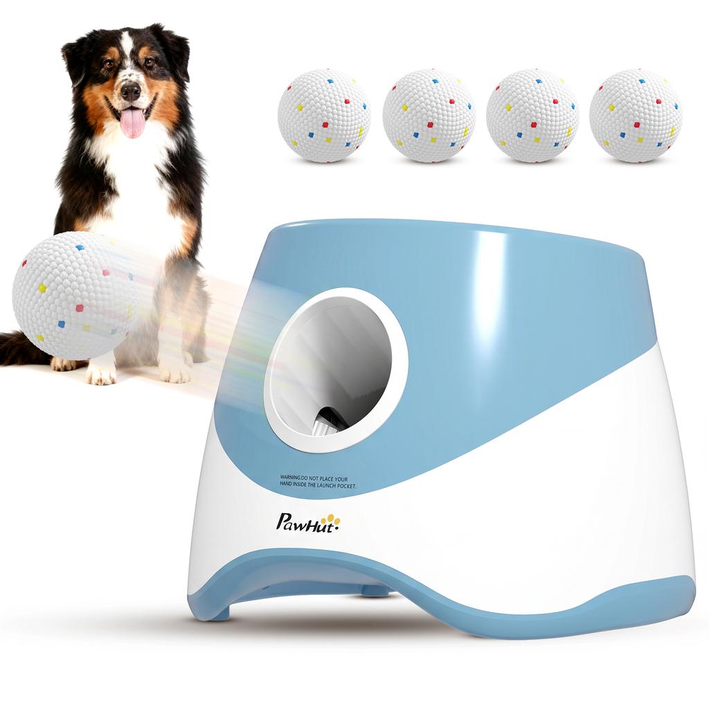 Automatic Dog Ball Launcher with 5 ETPU Balls 5.8 cm, 3 Distance Settings 6/10/14 m, Blue