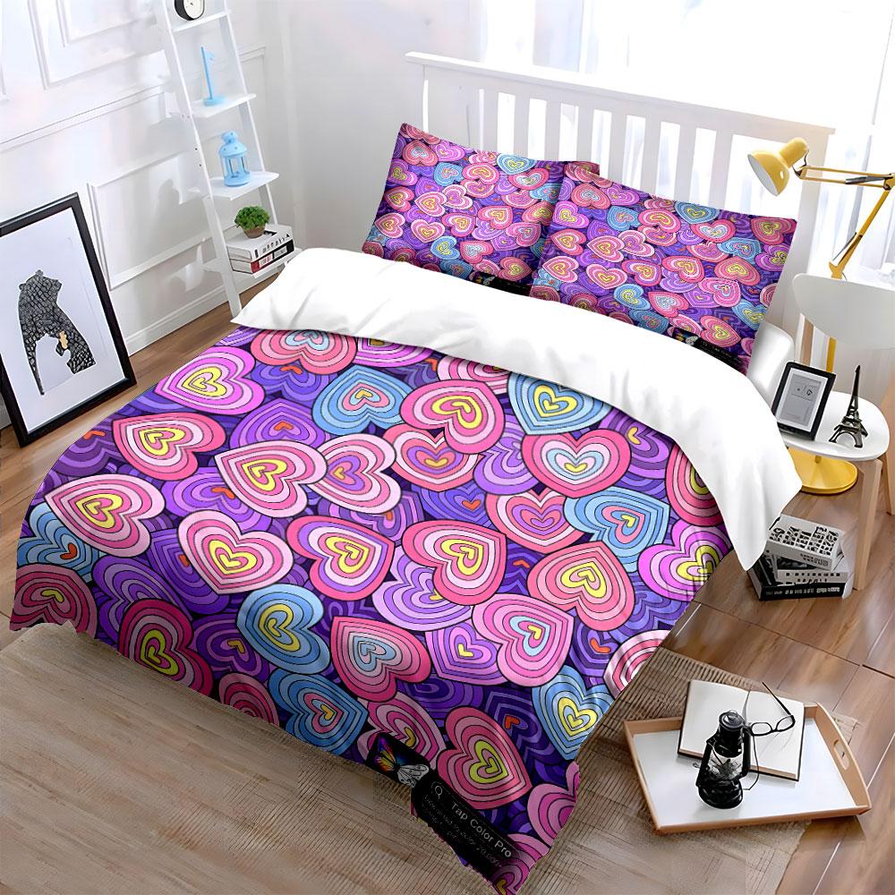 Colorful Heart-Themed Pattern Design Perfect For Valentine'S Day Exquisite Three-Piece Bedding Set Gift For Kids And Adults