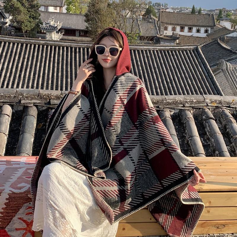 Warm Thick Plaid Hooded Cape Shawl Women Winter Cozy Wrap Scarf Lightweight Blanket Coat