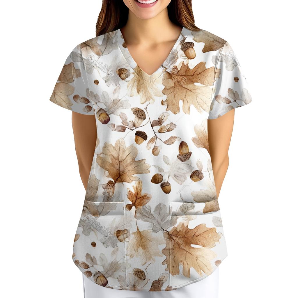 Plus SizePrinted Scrub Working Uniform Tops For Women's Cross V-Neck Print Short Sleeve Fun T-Shirts Workwear Tee With Pockets